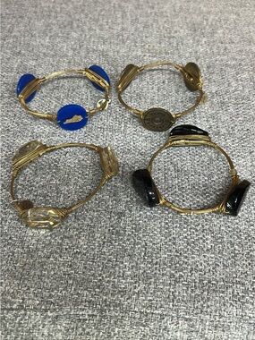 Bourbon and Bowties Gold Wire Bracelets with Blue, Black, and Clear Accents